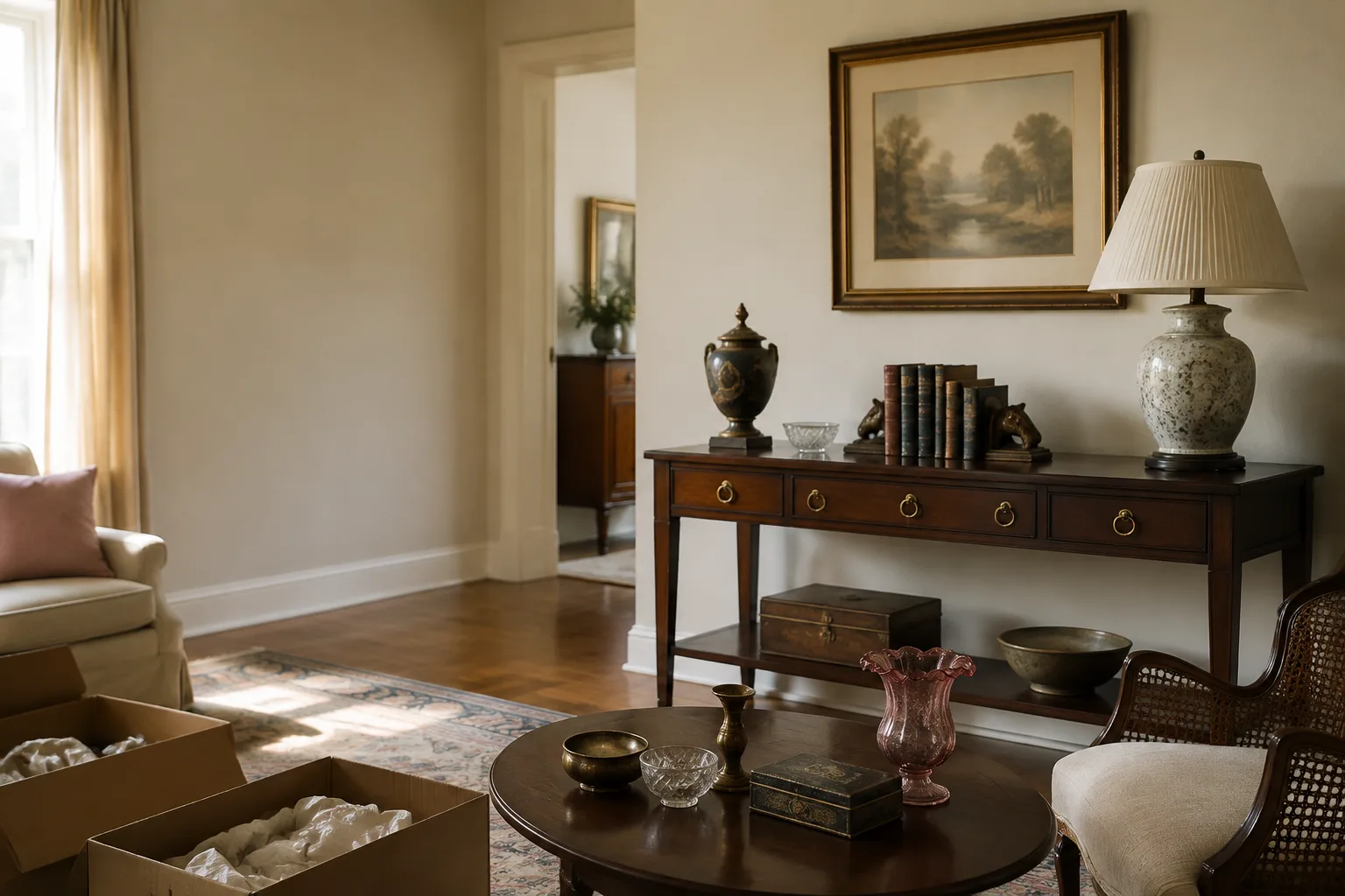A warmly lit home interior with carefully arranged furniture and collectible objects