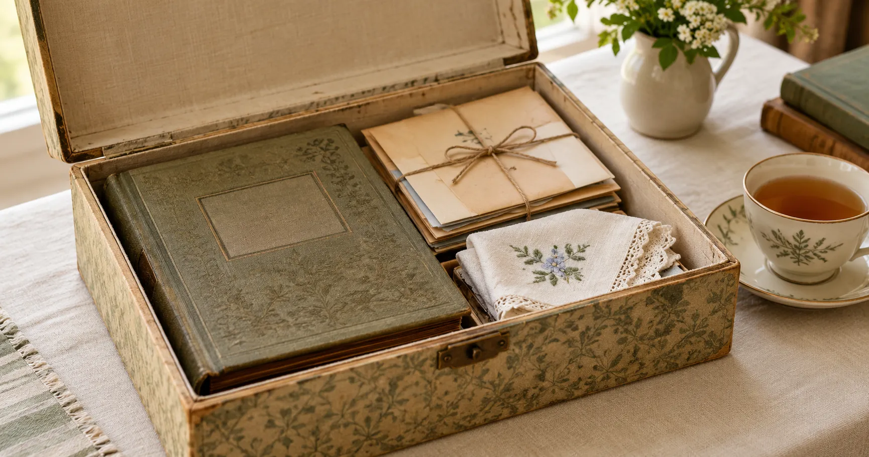 An open keepsake box holding a photo album, tied letters, and folded embroidered linen